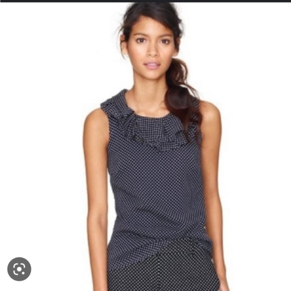 J.Crew Gabby navy dot silk ruffle neck top size 00‎